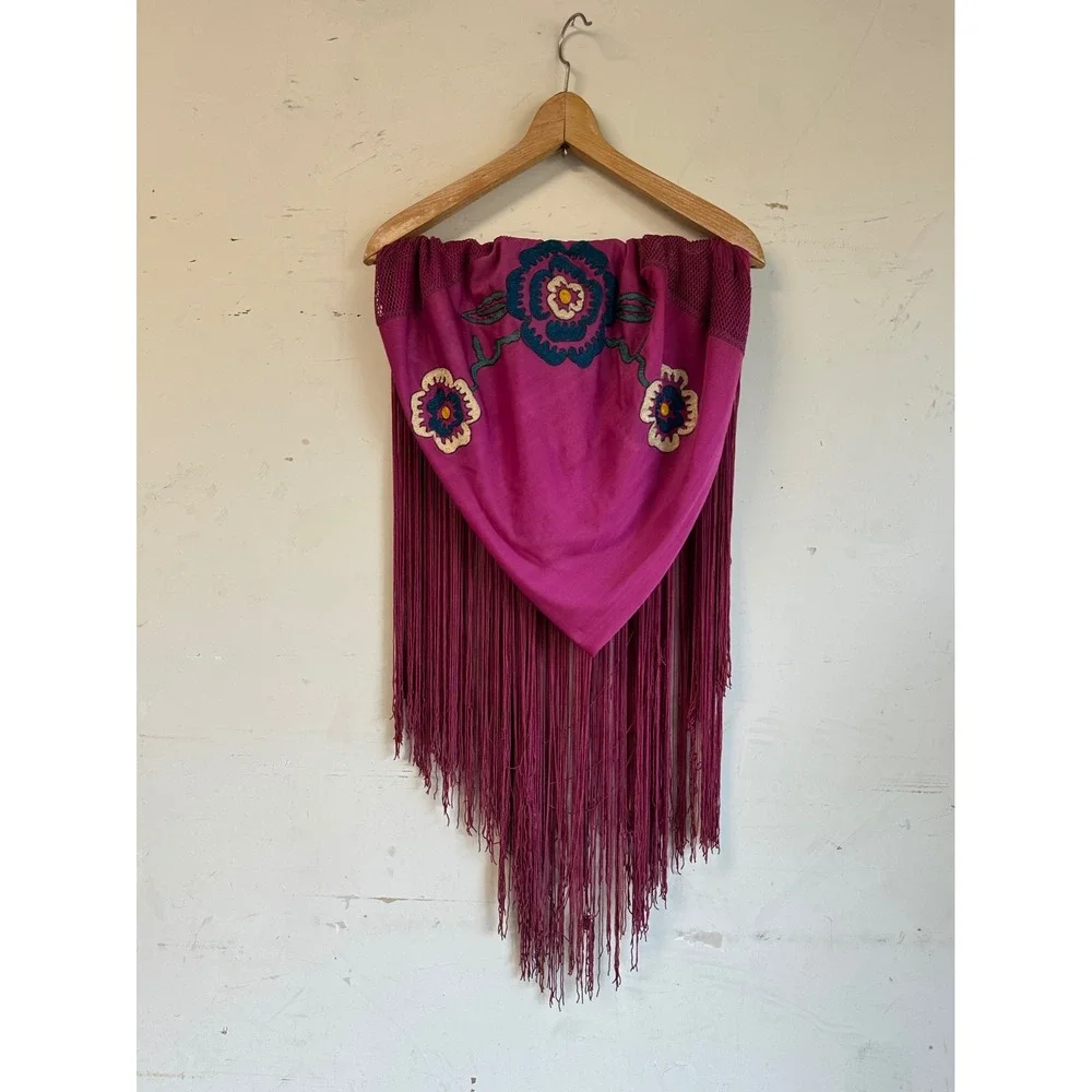 Vintage rayon embroidered fringe piano shawl